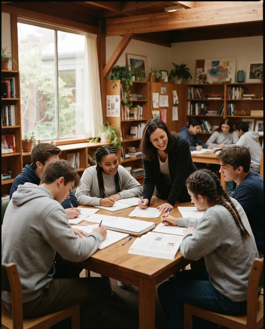 Un petit groupe réuni autour d’un travail scolaire